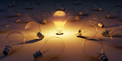 One glowing transparent light bulb standing out from the unlit bulbs. - obrazy, fototapety, plakaty