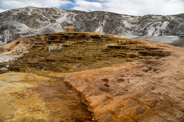 The beautiful orange and white mineral terraces of Mammoth Hot Springs in Yellowstone National Park