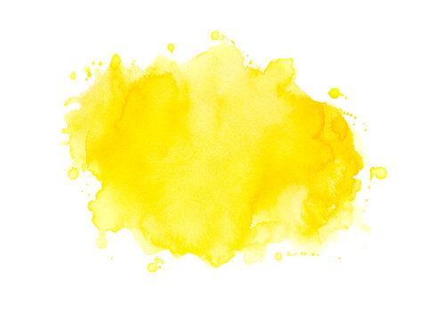 Yellow Watercolor Splashes Of Paint On Paper Background.