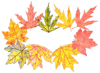 Naklejka na ściany i meble frame of autumn yellow orange green maple leaves on a white background, graphic drawing, copy space