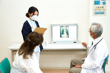診察中の病院の医療室　医者　看護師　患者