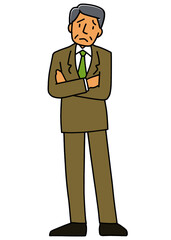 困り顔で腕組みをして立つシニア男性