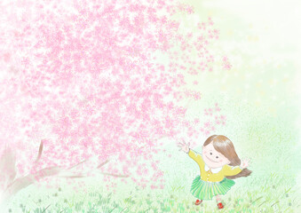 桜の木の下で喜ぶ女の子