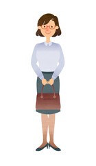 Fototapeta premium カバンを前に持って立つスーツ姿のメガネの女性