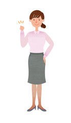 片手でガッツポーズをするスーツ姿の若い女性