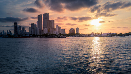 Scenic Cartagena bay (Bocagrande) and city skyline at sunset