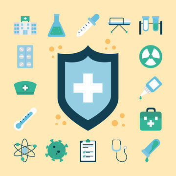 Icon Set Of Vaccine And Shield, Flat Style