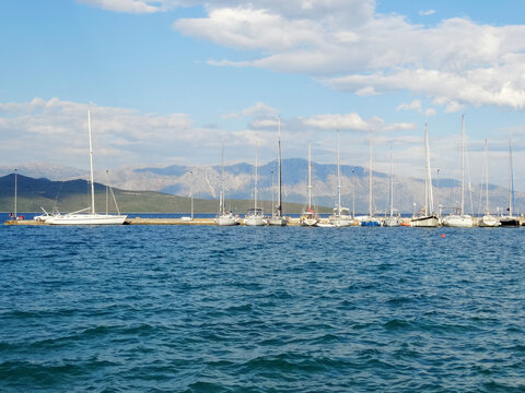 Landscape of Nydri coastline in Lefkada island in Ionian sea in the western Greece in summer season. Nydri is a town on the eastern coast of the island of Lefkada,