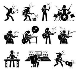 Female music artist singing song and playing musical instruments stick figure icons. Vector illustrations of woman playing guitar, drum, and writing songs. The girl is a deejay and music producer. - obrazy, fototapety, plakaty