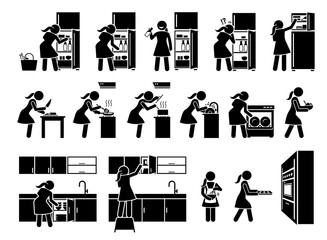 Young woman preparing food at kitchen stick figures icon. Vector artwork of a girl cooking at home and doing chores at house.