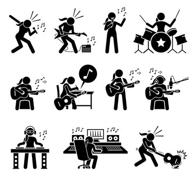 Female music artist singing song and playing musical instruments stick figure icons. Vector illustrations of woman playing guitar, drum, and writing songs. The girl is a deejay and music producer.
