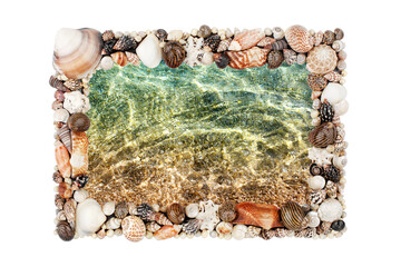 Blue ocean water texture in seashells frame white background isolated close up, sea shells border, summer beach holidays wallpaper, tropical island vacation backdrop, tourist travel banner, copy space