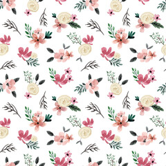 White Rose and Cream Mini Floral Watercolor Seamless Pattern