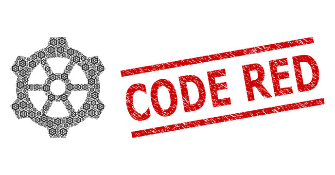 Recursive mosaic gear and Code Red textured stamp. Vector mosaic is created with recursive gear icons. Stamp includes Code Red text between parallel lines.