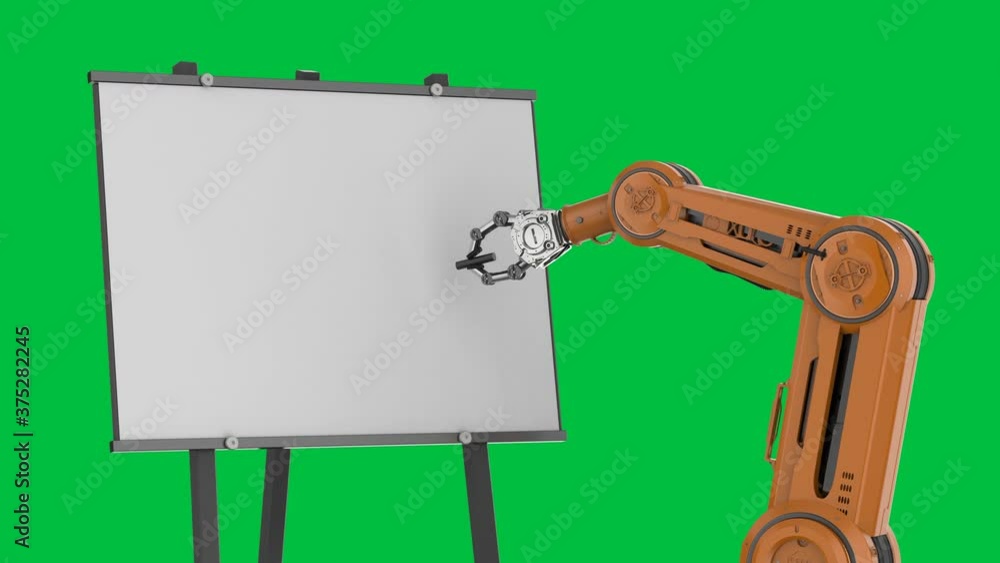 Poster 3d rendering robot arm drawing on empty canvas 4k footage