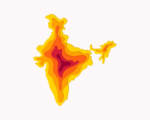 Obraz premium Country outline of India, yellow, orange and maroon paper cut out effect, illustration