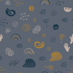 Abstract seamless pattern with simple hand drawn shapes on gray background. Vector illustration.