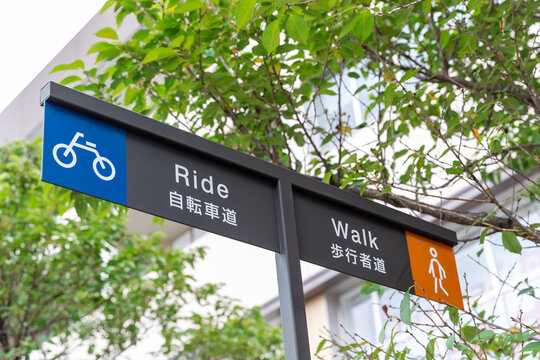 自転車道と歩行者の道の看板