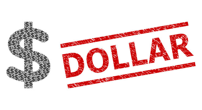 Recursive collage dollar and Dollar textured stamp print. Vector collage is made from randomized dollar icons. Stamp includes Dollar tag between parallel lines.