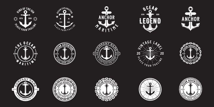 Set Of Hipster Vintage Retro Anchor Rope Boat Ship Marine Navy Nautical Logo Design Vector