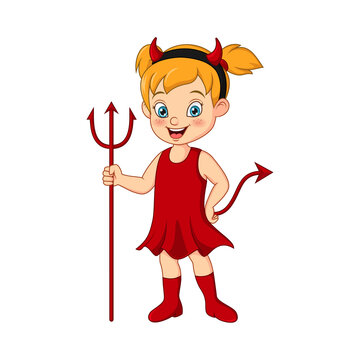 Cartoon funny devil girl holding a pitchfork