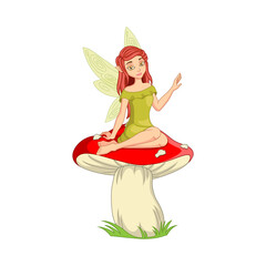 Cartoon little fairy sitting on the mushroom