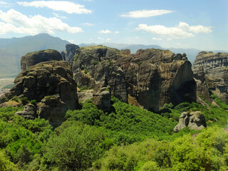 Unique rock formations in the field of Meteora, Greece. Meteora is an UNESCO heritage site for monastery buildings and famous tourist attractions.