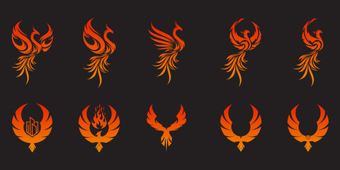 Set of Phoenix Flying Fire Bird abstract Logo design vector template. Dove Eagle Logotype concept icon