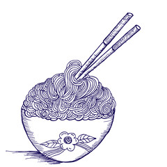 chicken noodles and chopsticks, doodle sketch