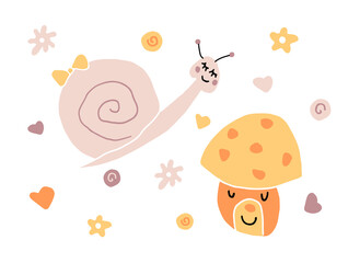 vector illustration cute pink snail and mushroom