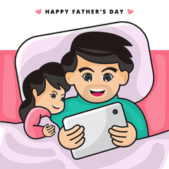 Illustration Vector Graphic of The Father is Reading a Bedtime Story with a Tablet to His Child.. Happy Father's Day.. 