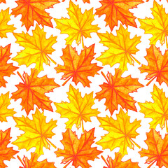 Watercolor autumn maple leaves seamless pattern. Colorful fall background and texture