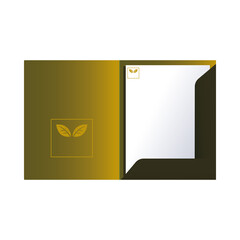 brown folder and sheets with corporate designs