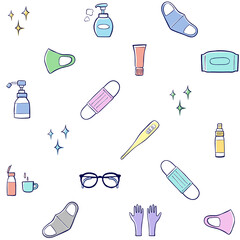 Seamless pattern llustration of Medical mask, sanitizer bottles, sanitizer spray,washing gel, soap, gloves, glasses, Mouthwash, Thermometer.