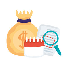 Isolated money bag with calendar and magnifying glass