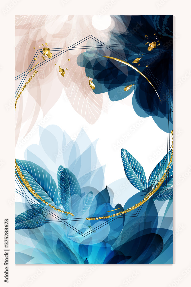 Poster abstract vector template in blue color with florals
