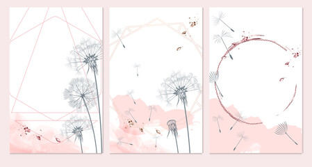 Set of vector templates in minimalist feminine floral style with dandelions, pink, white and grey colors