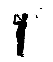 Silhouette of a junior golfer after hitting the golf ball, vector silhouette of a boy playing golf, isolated on white background.