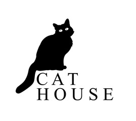 Silhouette logo of a sitting black cat, vector illustration of a black cat silhouette with its eyes wide open, isolated on white background.