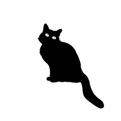 Silhouette of a sitting black cat, vector illustration of a black cat silhouette with its eyes wide open, isolated on white background.