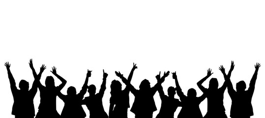 Silhouettes of crowd cheering, vector silhouette of people partying in celebration, isolated on white background, lifestyle silhouettes.