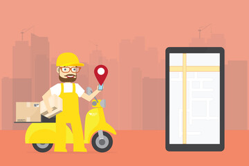 Delivery staff Stands beside a motorcycle in a red pin icon and a big smartphone mockup next to the online shopping and food concept.