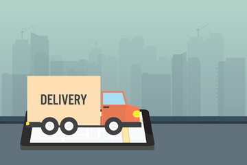 Online service concept, online delivery order tracking,home and office. truck van courier, food online ordering.