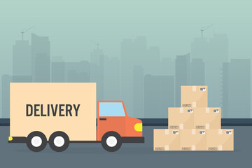 Online service concept, online delivery order tracking,home and office. truck van courier, food online ordering. for goods box.