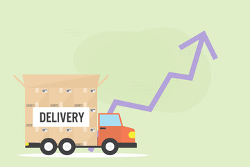 Online service concept, online delivery order tracking,home and office. truck van courier, food online ordering. with income graph