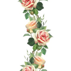 Seamless border of flowers. Pink roses. Element for decor. Old painting style