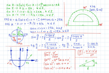 Vector background with mathematics formulas and equations on notebook page. Color school  notation. Educational and scientific vintage background.