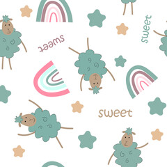 pattern for children with sheep. print for fabric. poster in pink with rainbow and sheep.