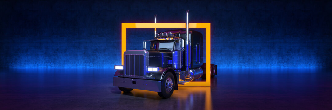 Black heavy truck with yellow frame on black background. 3d rendering
