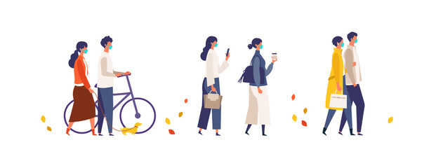 Men and women have a day off on new normal. Shopping, dating and walking. Flat cartoon colorful vector illustration.